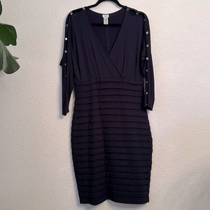 Cache Navy Blue V-Neck sheath dress. Size 12. Silver buttons down open sleeves.